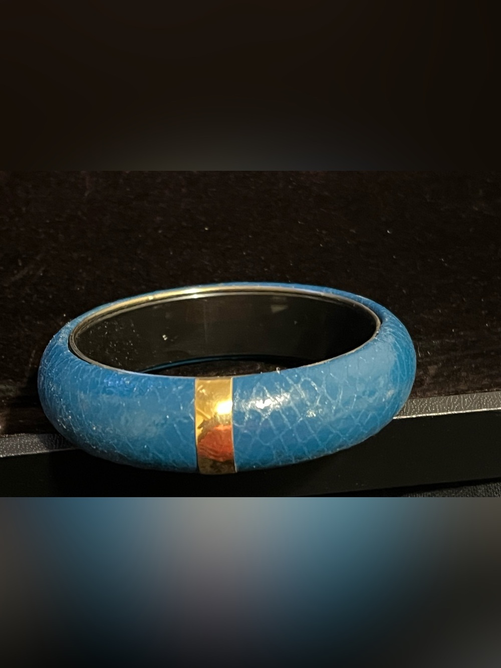 Vintage Women's Blue Textured Bangle Bracelet with Gold Accent